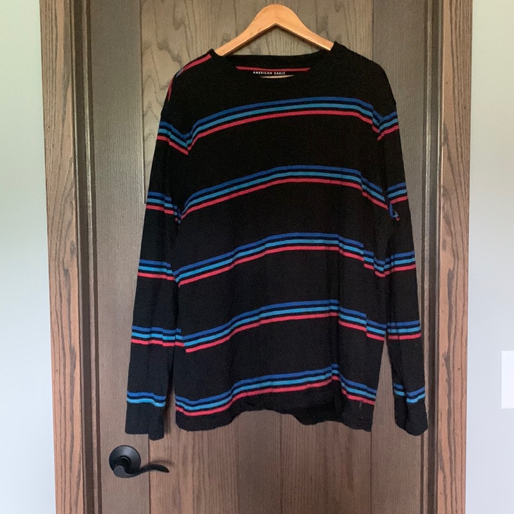 American Eagle Mens Long Sleeve Striped Black Red and Blue Shirt XXXL